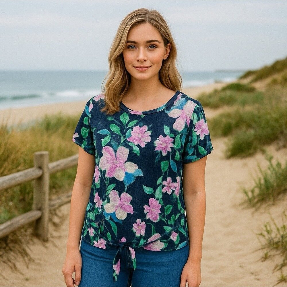 J.Jill 100% Linen Floral Print Tie Hem Top Coastal Lagenlook Feminine S